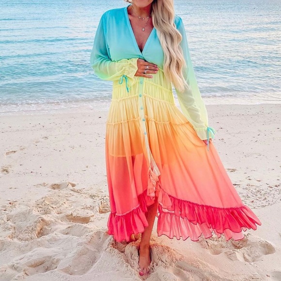 💫Last One💫 Rainbow ombré ruffle midi dress - Picture 2 of 8